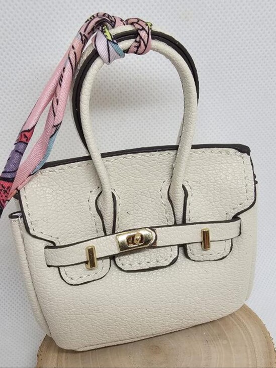 Handbags - TRENDY MINI White Leather Tote with Pink Scarf Accent - BAG CHARM/ AIRPOD HOLDER